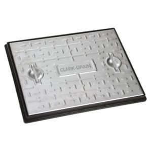 Galvanised steel manhole cover and frame, measuring 600mm x 450mm, features a textured surface with raised patterns and the name "CLARK-DRAIN" embossed in the center.
