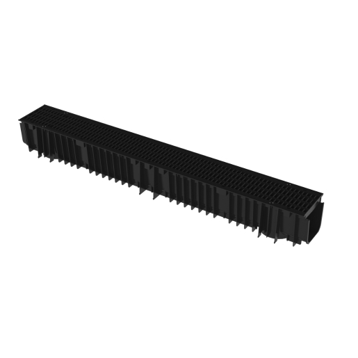 Black polypropylene drainage channel with a mesh grate, measuring 1000mm x 128mm x 117mm, featuring ridged sides for stability and drainage efficiency.