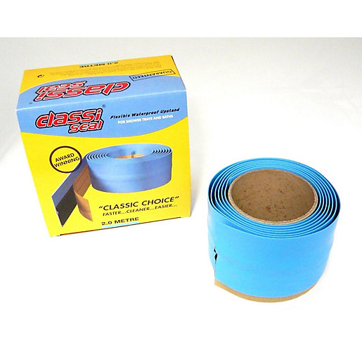 Blue self-adhesive flexible waterproof upstand shower bath seal, packaged in a yellow box with red text, featuring a 2.5m roll of material designed for easy installation.
