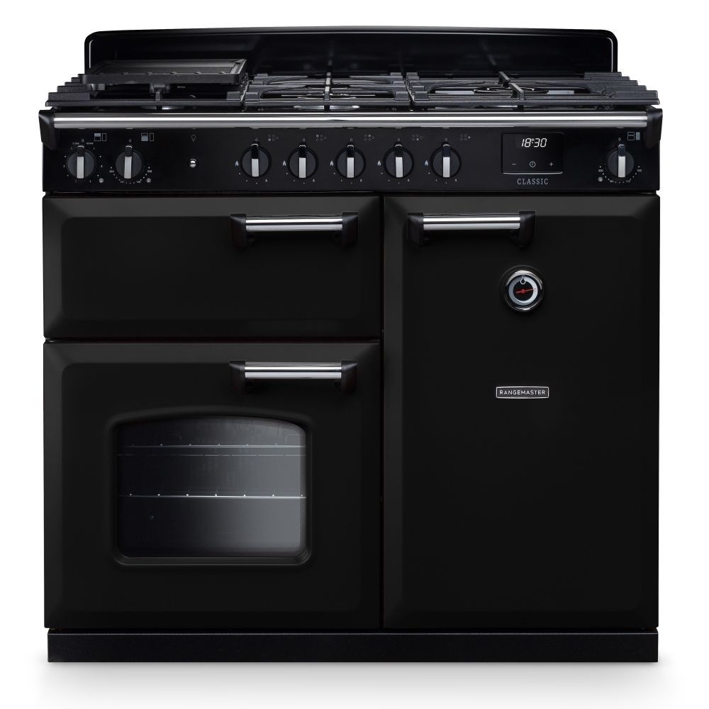 Classic 100cm dual fuel cooker in black and chrome featuring a gas hob with multiple burners, two ovens, and stylish chrome handles.