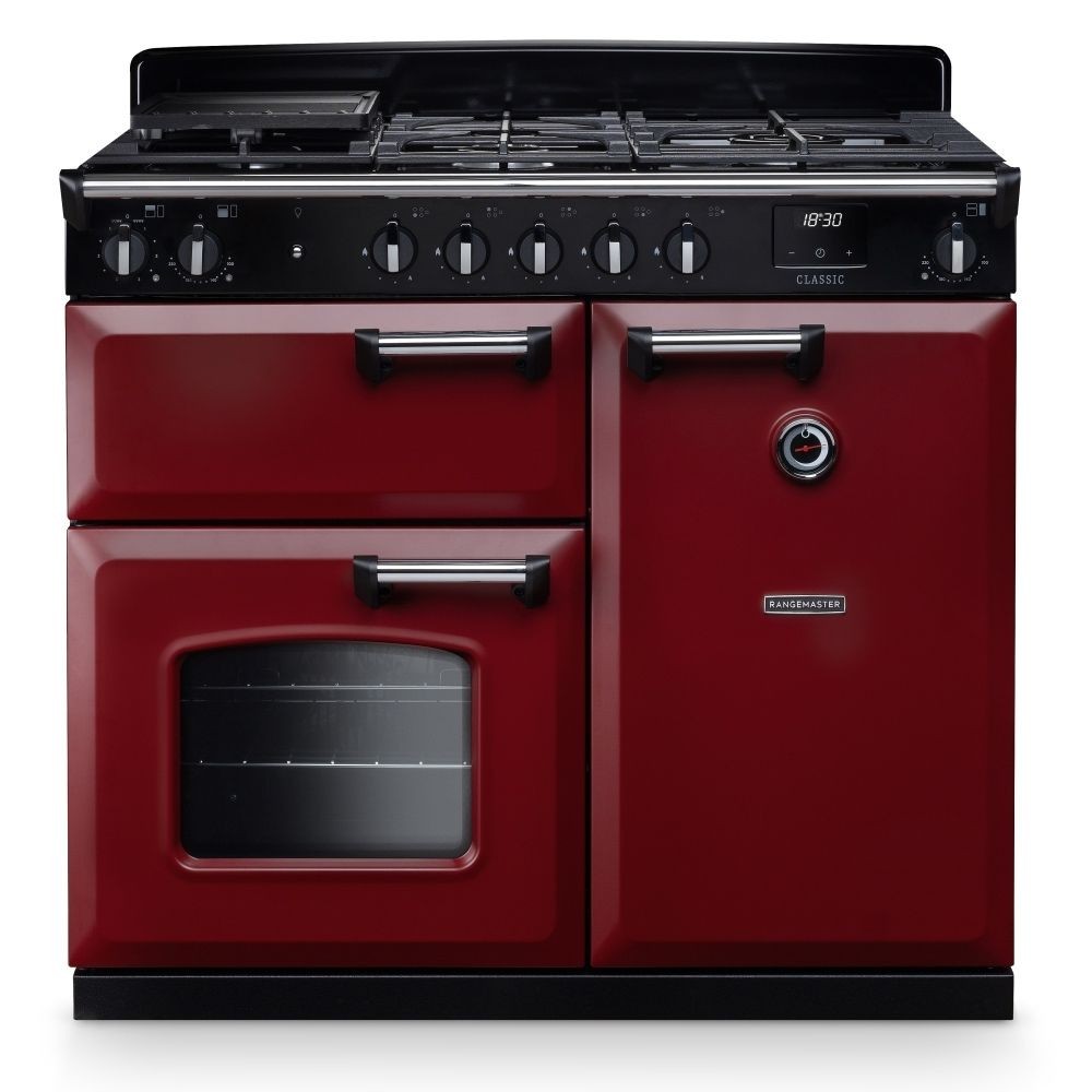 Classic 100cm dual fuel cooker in Bordeaux red and chrome, featuring a black gas hob with multiple burners, two ovens, and a chrome handle on the right door.