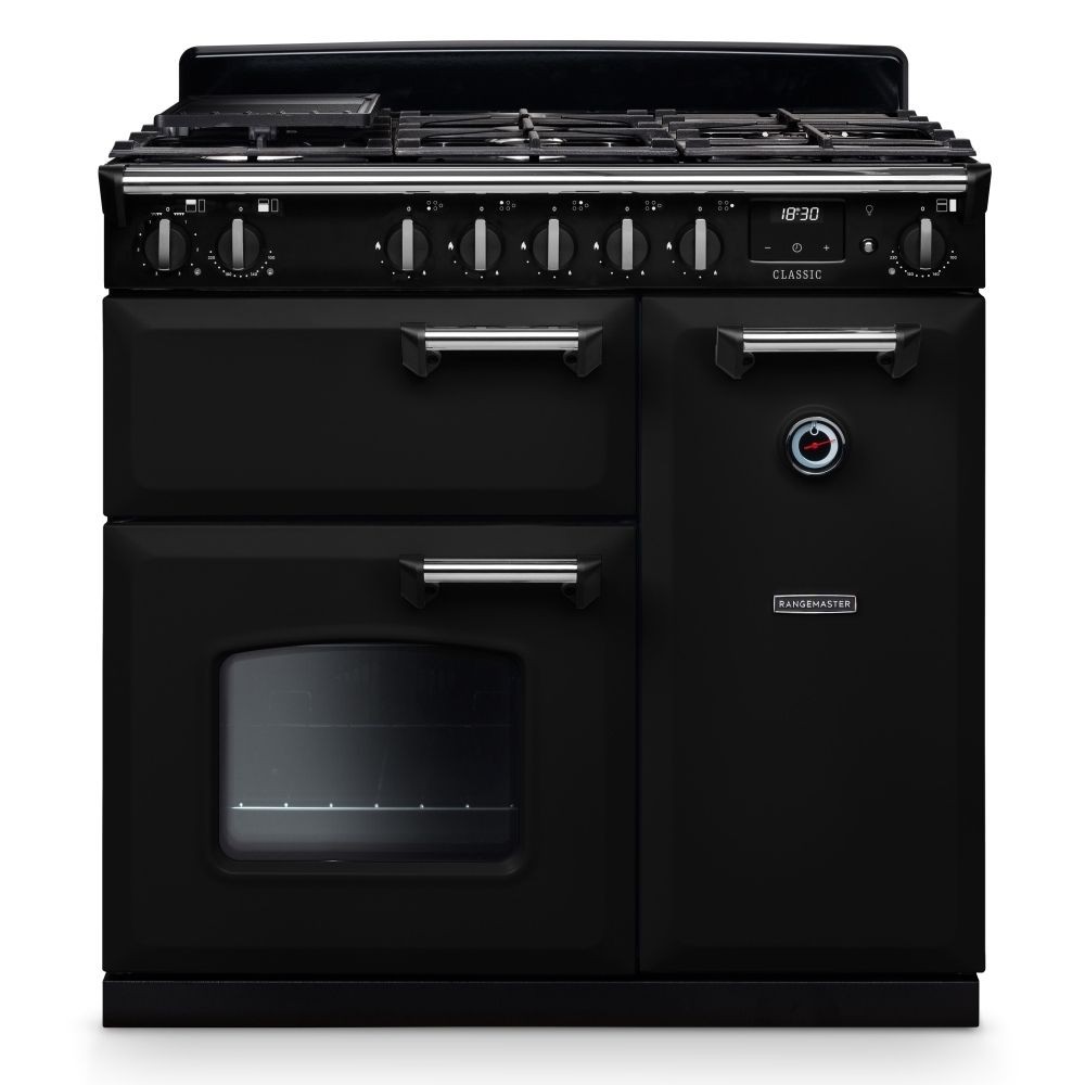 Classic 90cm dual fuel cooker in black and chrome, featuring five gas burners, chrome knobs, a large glass oven door, and two compartments for versatile cooking.