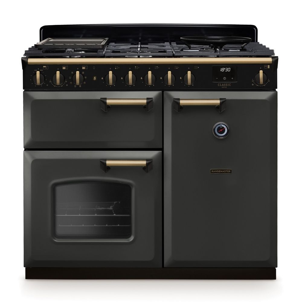 Classic Deluxe 100cm dual fuel range cooker in slate with antique brass accents, featuring a five-burner gas hob, two oven compartments, and elegant control knobs.