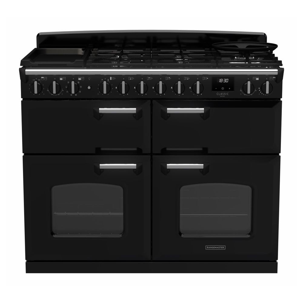 Classic Deluxe 110cm dual fuel range cooker in black and chrome, featuring five gas burners, two ovens with glass doors, and chrome accents for a sleek, modern look.