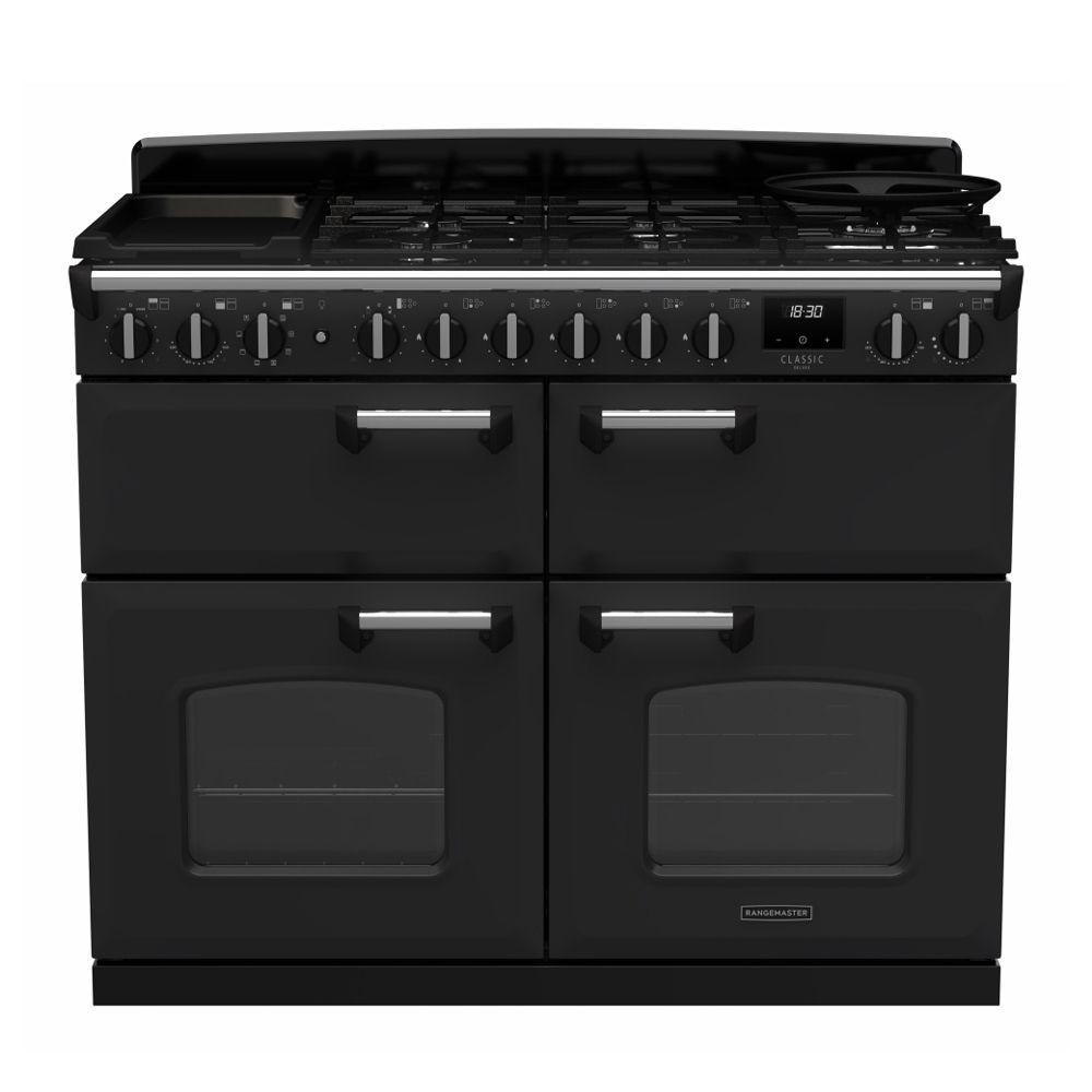 Classic Deluxe 110cm BC dual fuel range cooker in charcoal black and chrome, featuring multiple burners, two ovens, and a sleek control panel with chrome knobs.