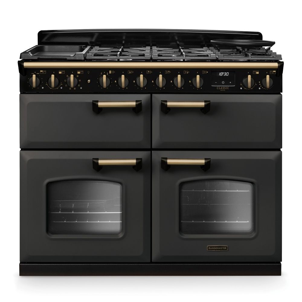 Classic Deluxe 110cm dual fuel range cooker in slate with antique brass accents, featuring four ovens, a five-burner gas hob, and stylish control knobs.