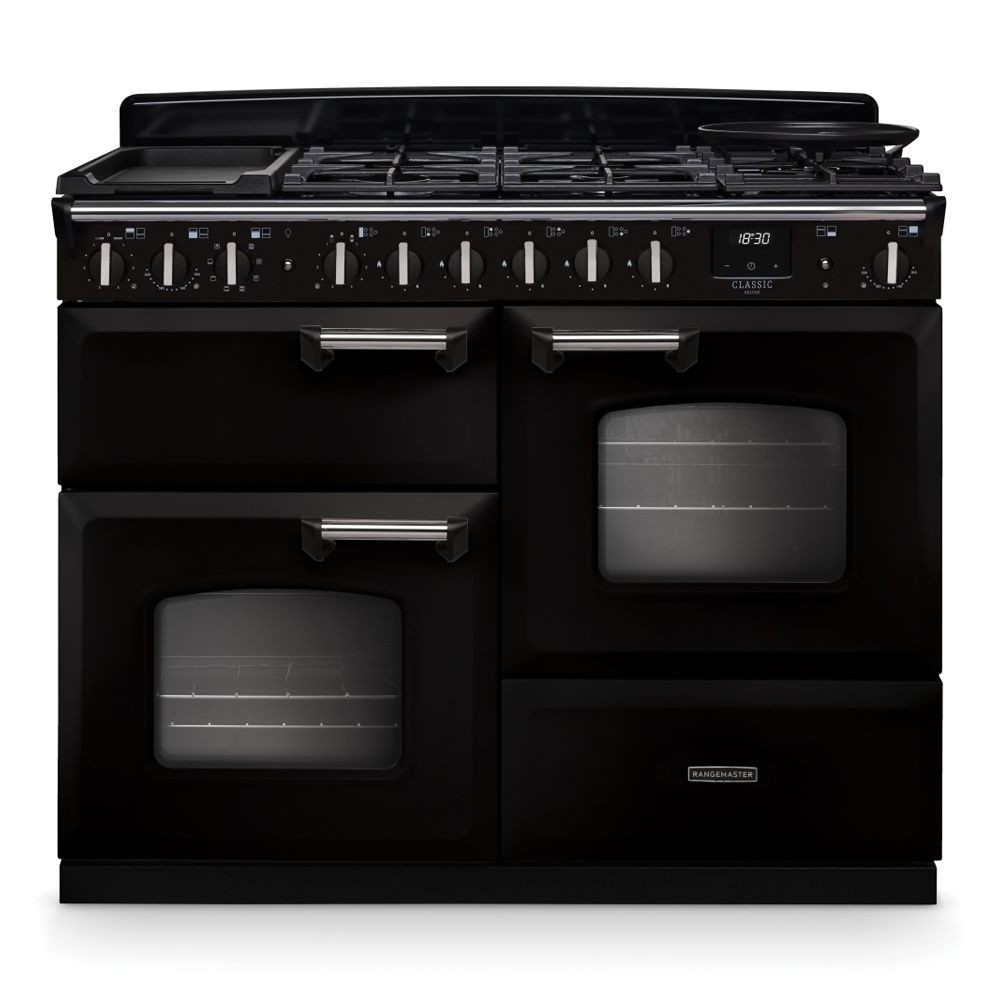 Classic Deluxe 110cm dual fuel range cooker in black and chrome, featuring five gas burners, a griddle, and two ovens with glass doors and chrome handles.