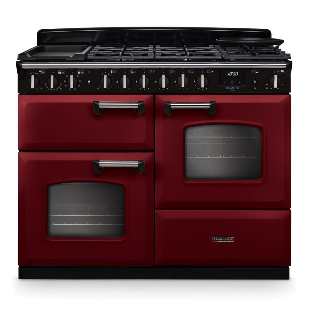 Classic Deluxe 110cm dual fuel range cooker in Bordeaux red and chrome, featuring a five-burner gas hob, two ovens with glass doors, and stainless steel control knobs.