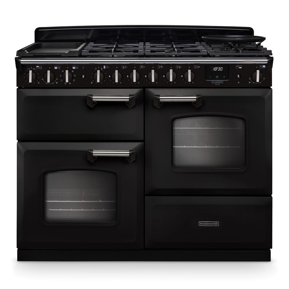 Classic Deluxe 110cm dual fuel range cooker in charcoal black and chrome, featuring five gas burners, two ovens, and a sleek design with stainless steel knobs and handles.
