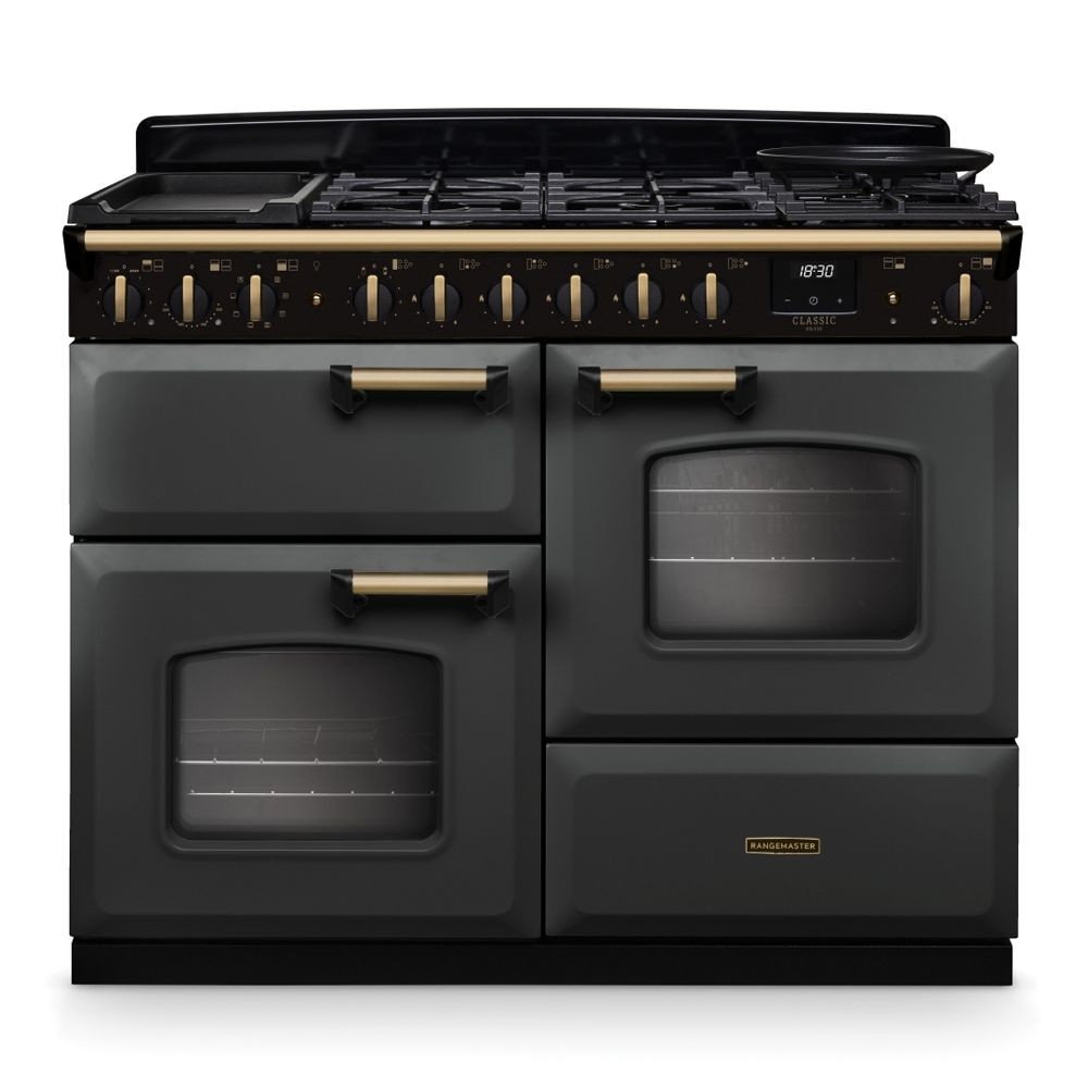 Classic Deluxe 110cm dual fuel range cooker in slate grey with antique brass accents, featuring five gas burners, two ovens, and a sleek design.