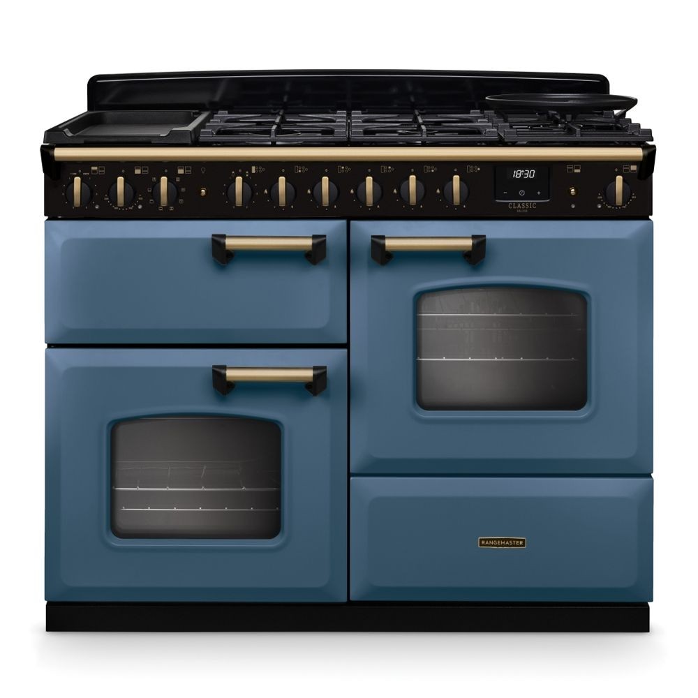 Classic Deluxe 110cm dual fuel range cooker in stone blue with antique brass accents, featuring five gas burners, two ovens, and a sleek, modern design.