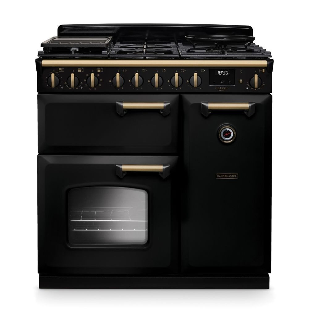 Classic Deluxe 90cm dual fuel range cooker in black with antique brass accents, featuring six gas burners, a large oven, and a stylish design with prominent knobs and handles.