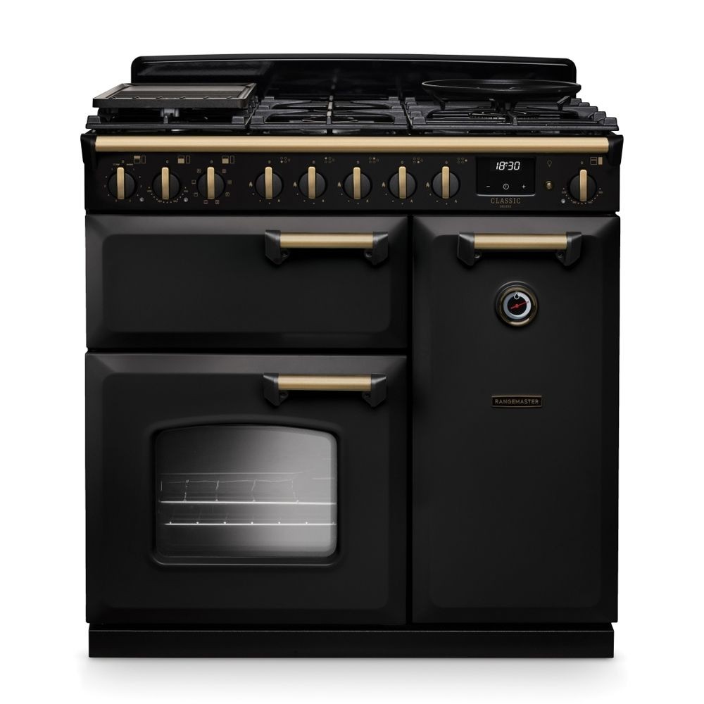 Classic Deluxe 90cm dual fuel range cooker in charcoal black with antique brass accents, featuring five gas burners, a large oven with a glass door, and stylish control knobs.