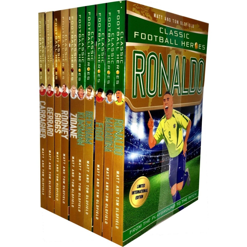 Ten colorful hardcover books in the "Classic Football Heroes Legend Series" by Matt and Tom Oldfield, featuring a prominent Ronaldo cover, showcasing vibrant illustrations and bold titles.