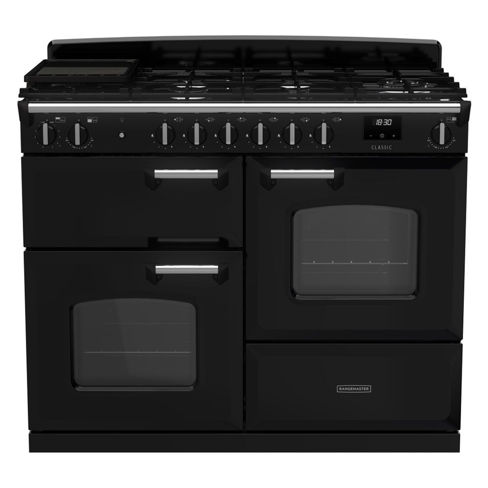 Classic OC 110cm dual fuel cooker in black and chrome featuring six gas burners, two ovens with glass doors, and a digital clock display.