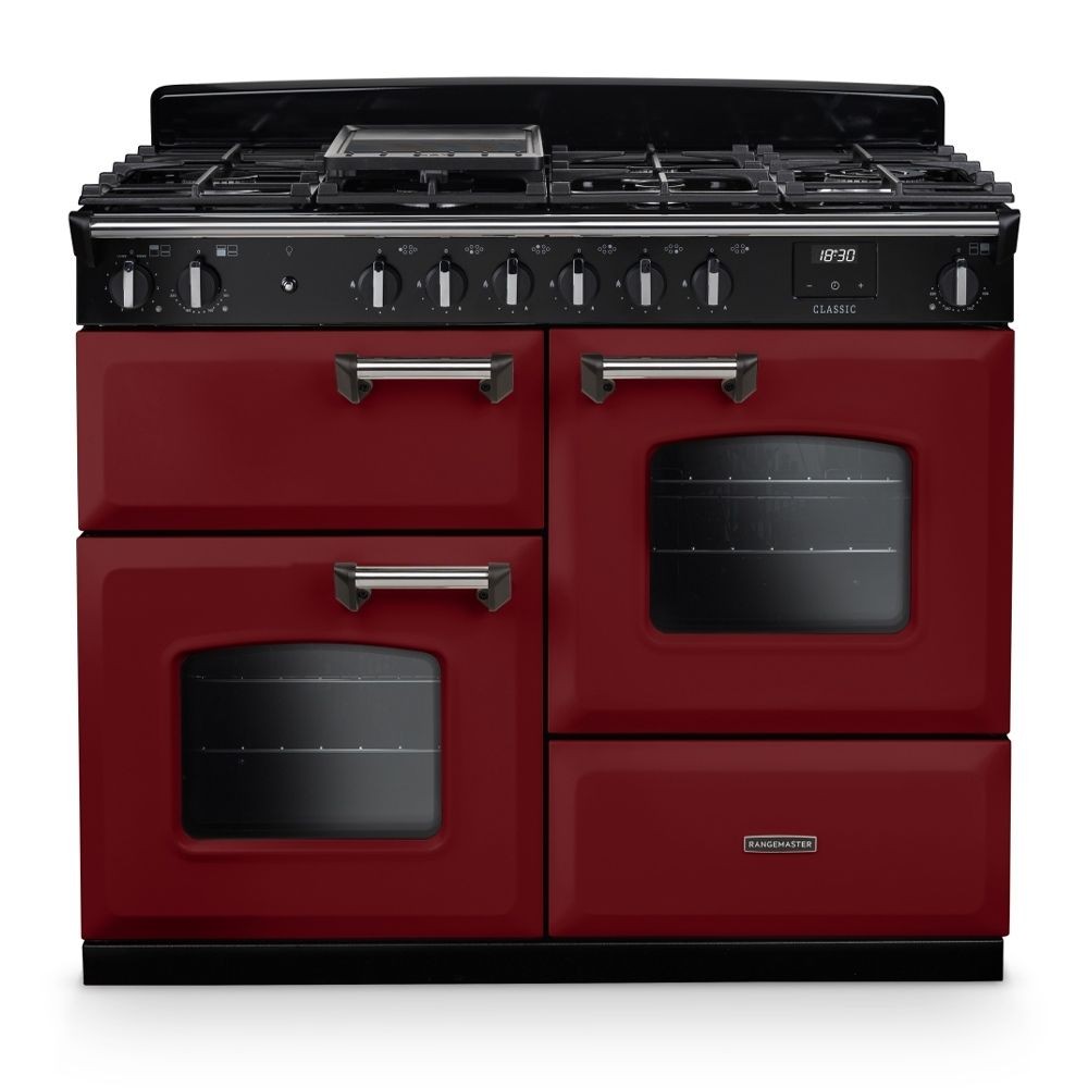 Classic OC 110cm dual fuel cooker in Bordeaux and chrome, featuring a sleek design, four gas burners, two ovens with glass doors, and stainless steel handles.