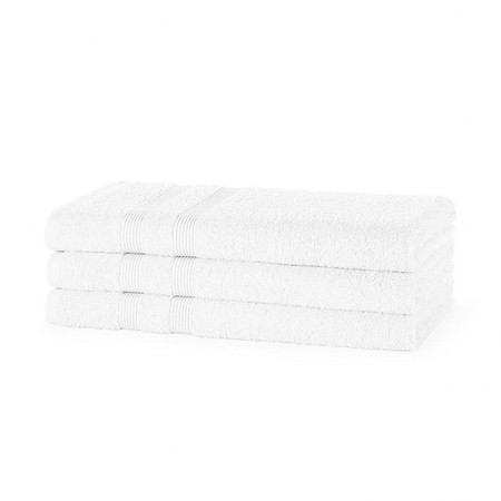Three stacked small bath towels in crisp white, made from 400 GSM 100% cotton, measuring 65x125cm, featuring a textured surface and subtle striped detailing.