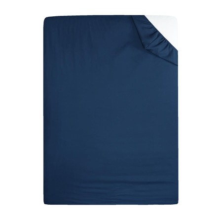 Navy blue flame retardant fitted sheet with a smooth, soft texture and a white corner, designed for safety and comfort.