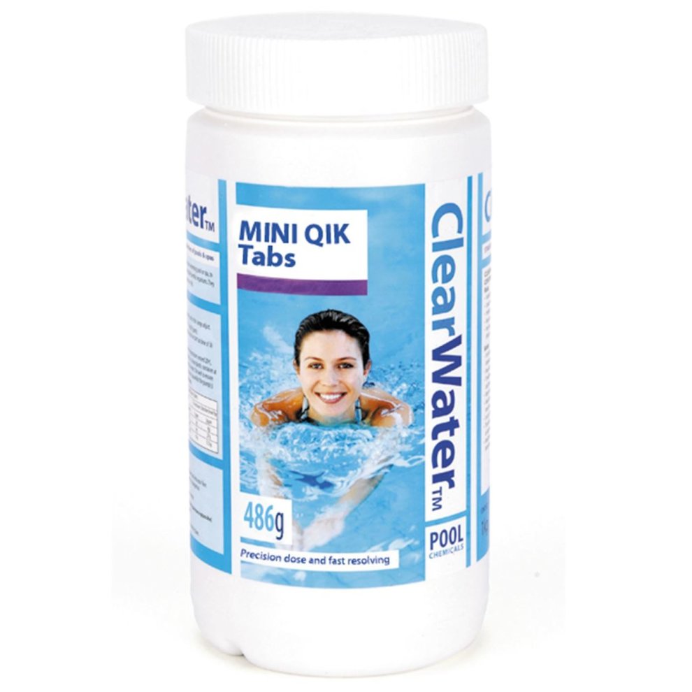 ClearWater Qik Tabs Spa & Pool Treatment in a white plastic container, featuring a blue label with a smiling woman in water, indicating 486g of product for pool maintenance.