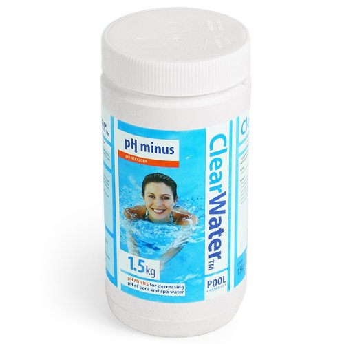 ClearWater CH0008 1.5kg PH Minus Decreaser in a white plastic container with a blue label, featuring a smiling person in a pool, designed for swimming pool and spa treatment.
