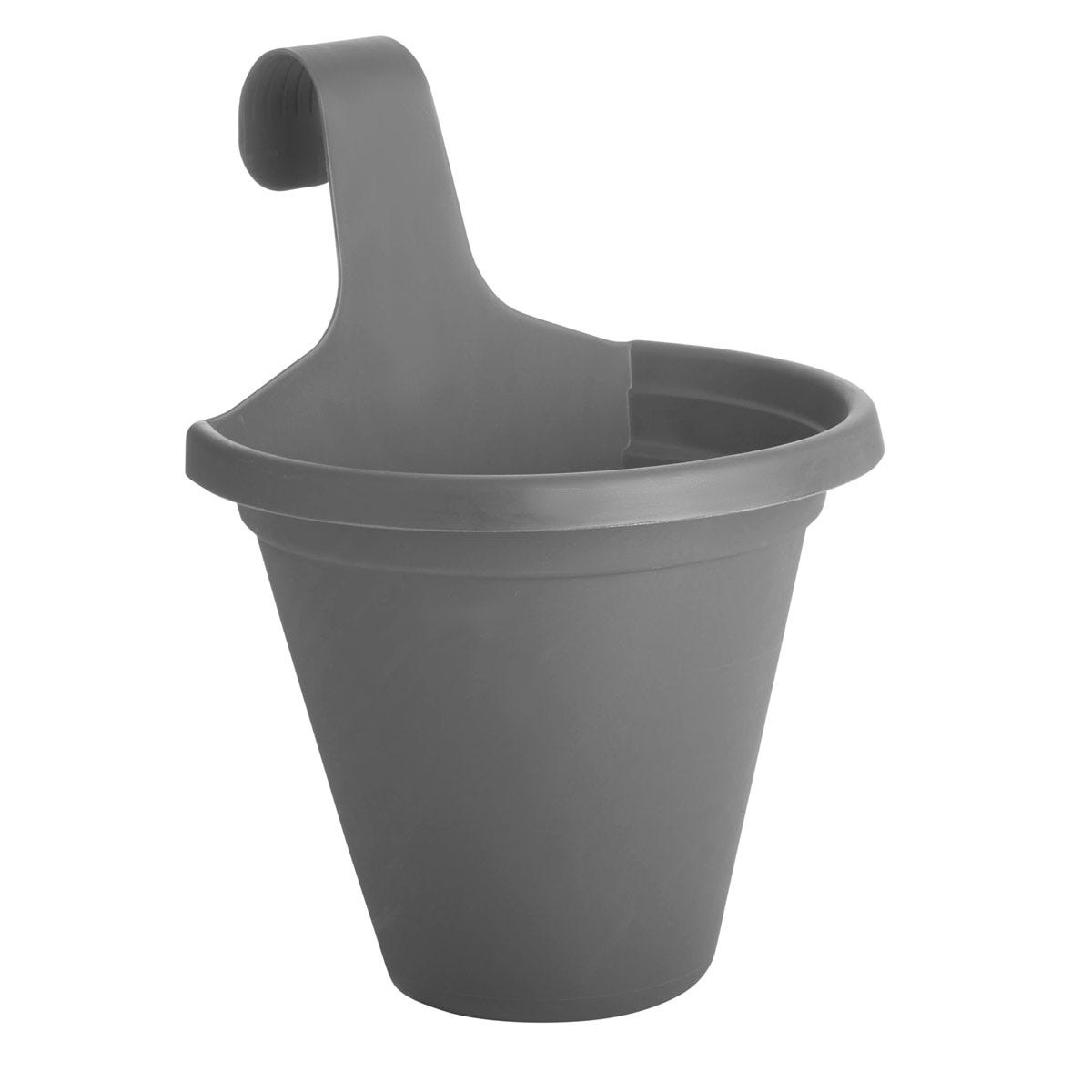 Charcoal-colored hanging pot made of durable plastic, featuring a reservoir for water and a hook for easy attachment.