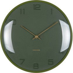 Round wall clock in a deep green color with a matte finish, featuring gold hour and minute hands, large numerals, and a glass dome cover for a sleek, modern look.