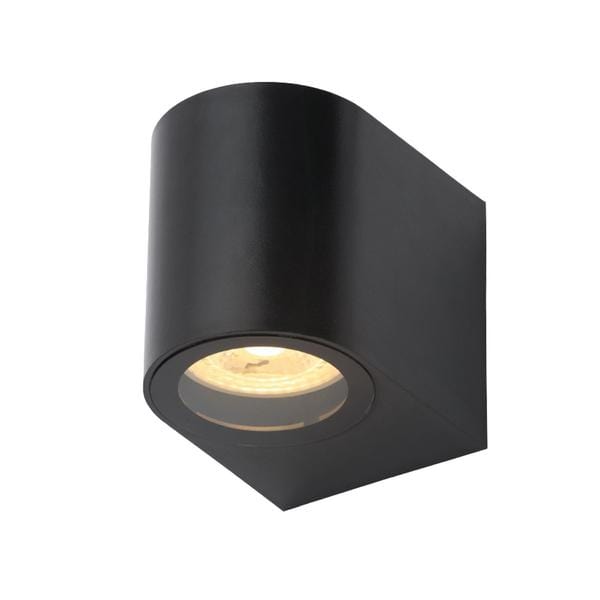Black outdoor downlight with a sleek, curved design, featuring a round light fixture that emits warm illumination, made from durable materials for exterior use.