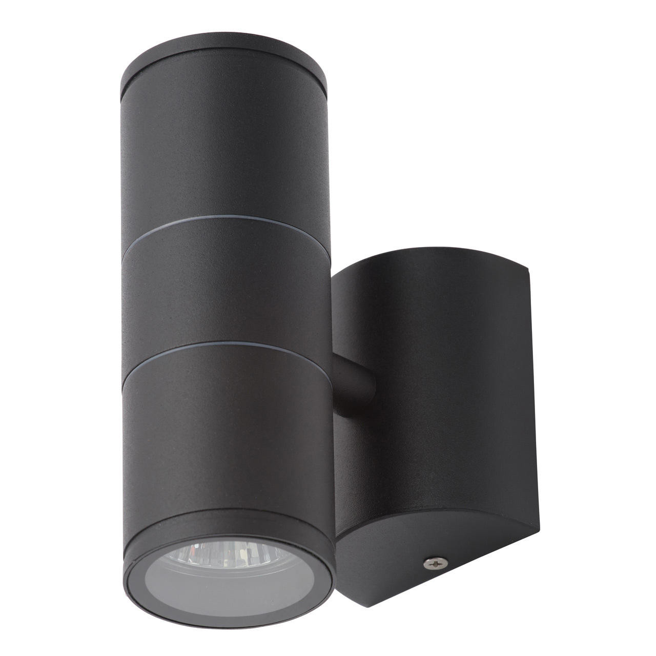 Black cylindrical wall light with two sections, featuring a sleek design and a round light fixture at the bottom, made of metal with a matte finish.