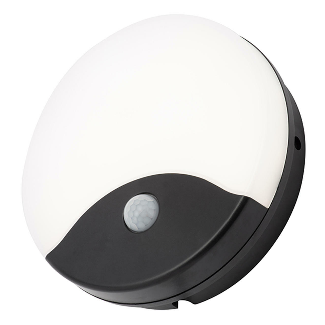 Round black bulkhead light with a white frosted cover, featuring a PIR sensor at the bottom for motion detection, designed for outdoor or indoor use.