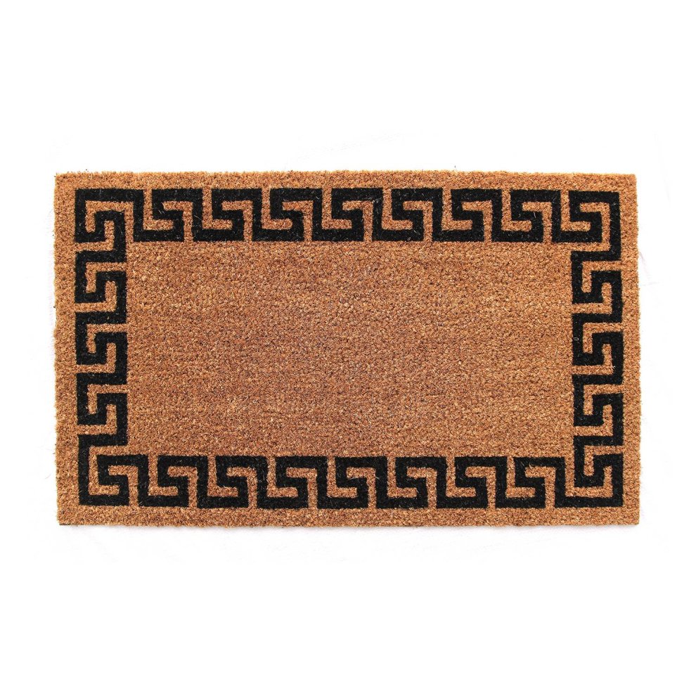 Natural coir door mat featuring a tan background with a bold black Aztec-inspired geometric border, ideal for eco-friendly home decor.
