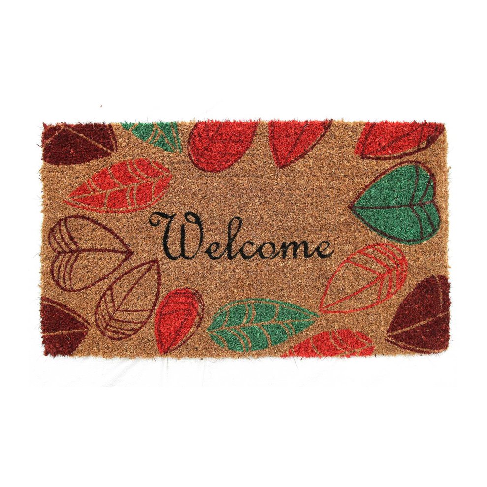 Natural coir door mat featuring a "Welcome" message, adorned with colorful leaves in red, green, and brown on a tan background, emphasizing its eco-friendly design.