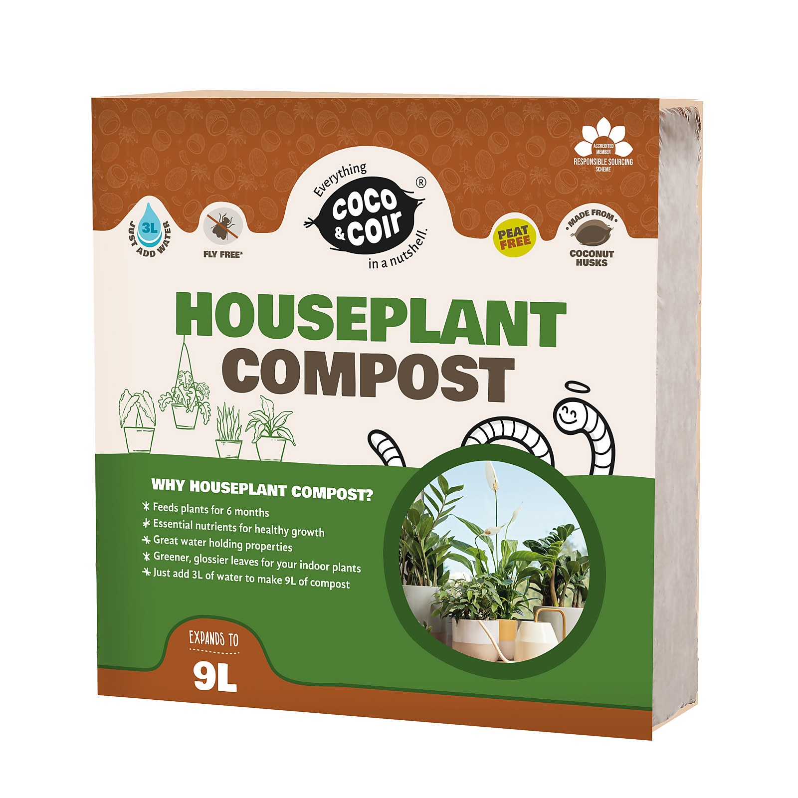 Coco & Coir houseplant compost brick in a cardboard box, featuring a light brown color, labeled as peat-free, expands to 9L, with illustrations of plants and compost benefits.