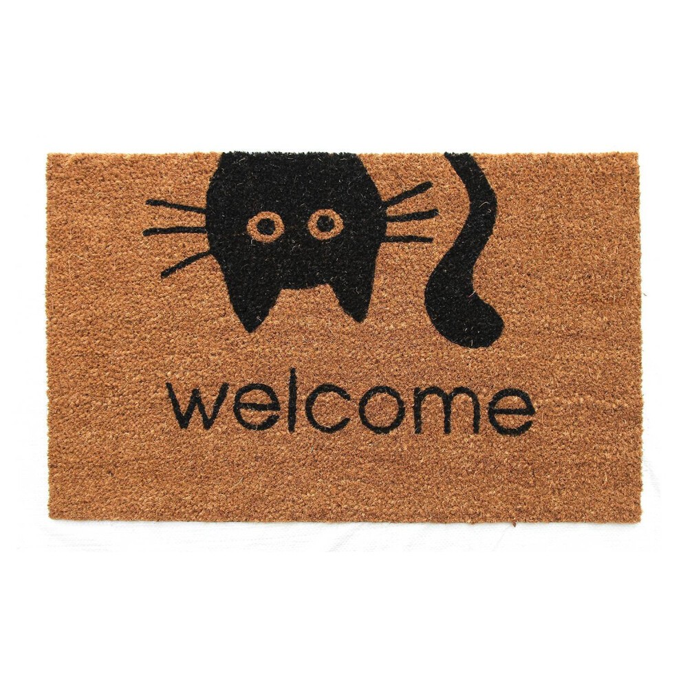 Natural coir door mat in a rectangular shape, featuring a black cat silhouette and the word "welcome" in bold black letters on a brown background.