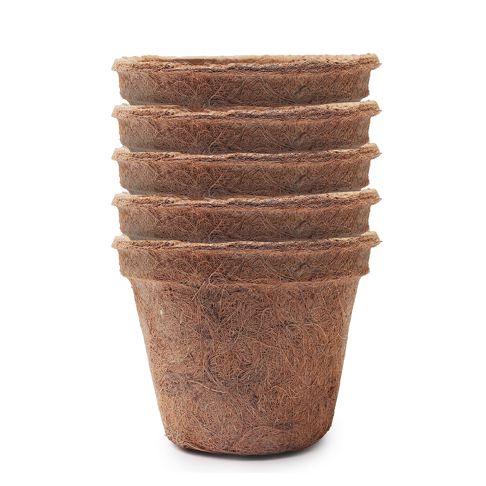 Round 20cm fibre pots made from natural coir, featuring a textured brown exterior and a wide opening, stacked neatly for display.