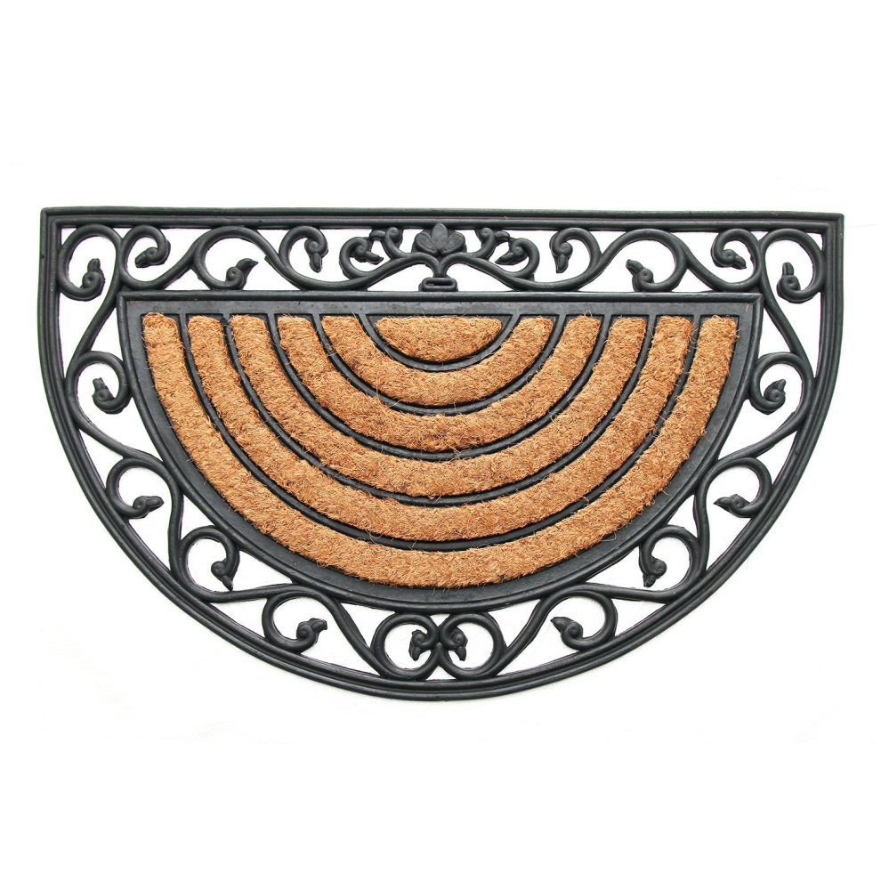 Natural coir door mat with a half-moon shape, featuring a black wrought iron frame with ornate scrollwork and layered coir sections in a tan color.