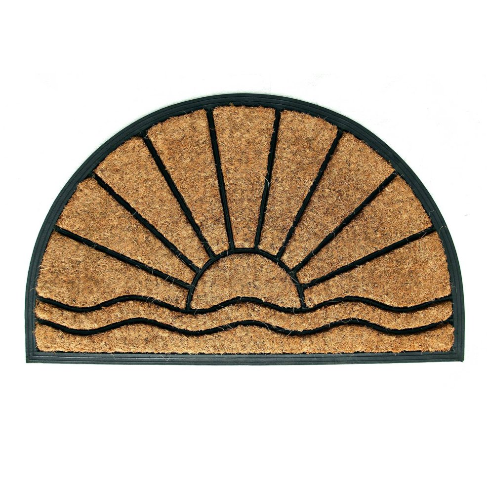 Natural coir door mat in a half-moon shape featuring a sun design with rays, set in a black rubber border, showcasing eco-friendly materials.