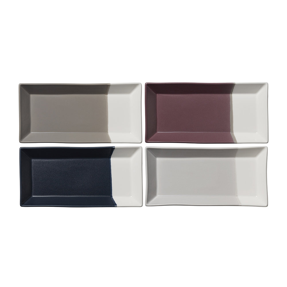 Set of four rectangular trays in varying colors: gray, burgundy, navy, and cream, featuring a glossy finish and sleek, modern design, ideal for serving or display.