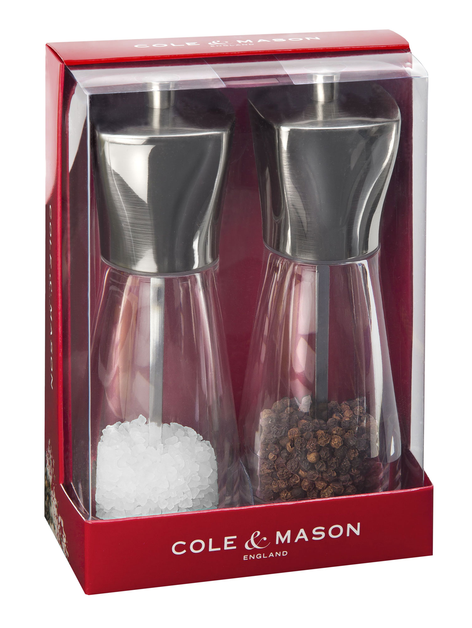 Two Cole & Mason salt and pepper mills with stainless steel tops, glass bodies, and a red packaging box, featuring white salt and black pepper inside.