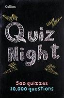 Black cover featuring "Quiz Night" in colorful chalk-like lettering, with "500 quizzes" and "10,000 questions" in smaller text, surrounded by decorative doodles.