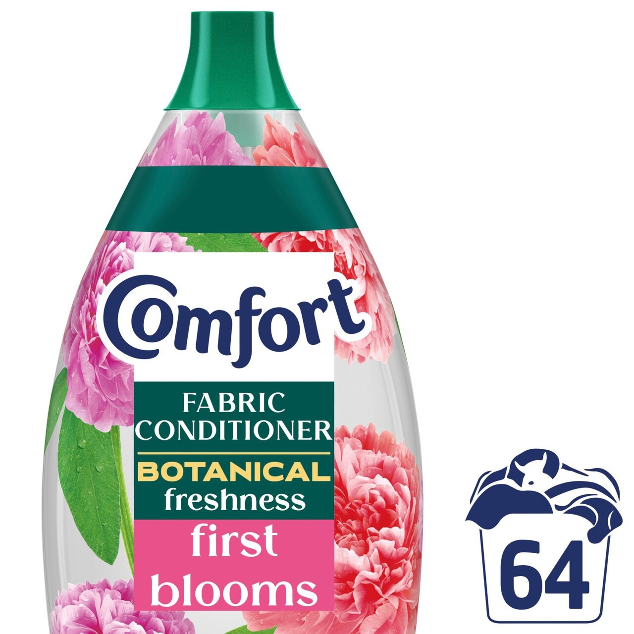 Clear plastic bottle of Comfort Fabric Conditioner in a floral design, featuring pink peonies, green accents, and a green cap, labeled "First Blooms" with a capacity of 960ml for 64 washes.