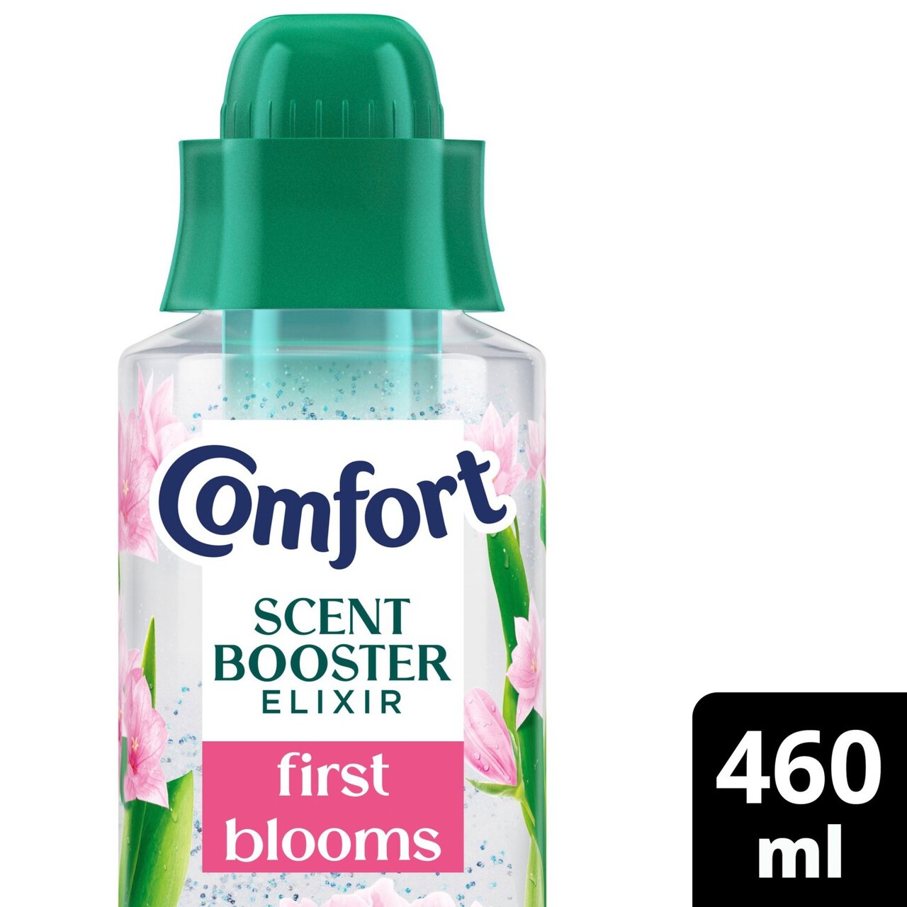 Clear plastic bottle of Comfort Botanical Elixir Scent Booster, 460ml, featuring a green cap, pink floral design, and labeled "First Blooms" in bold text.