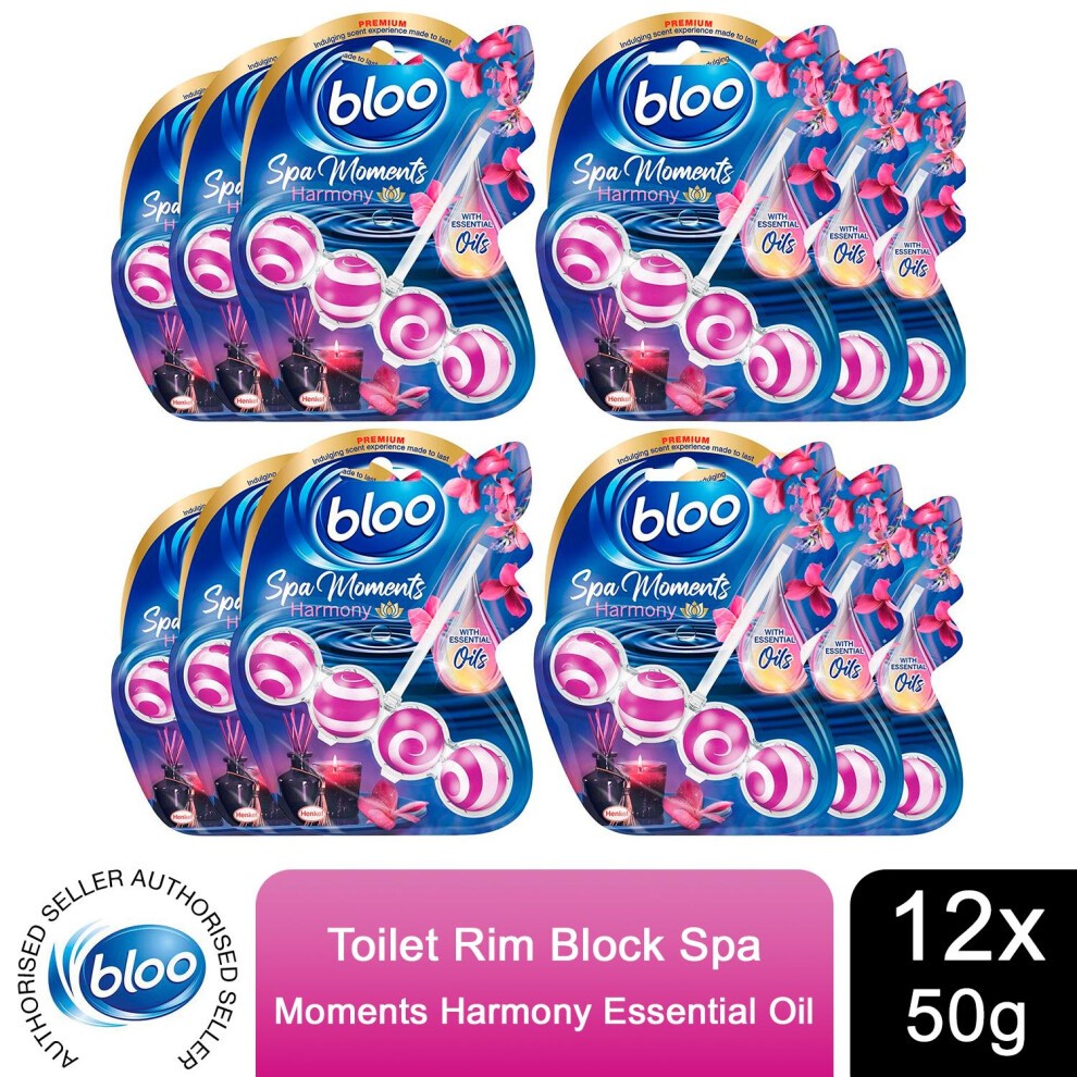 Bloo Toilet Rim Block pack featuring 12 pink and blue discs, infused with essential oils for freshness, displayed in a vibrant, eye-catching packaging.