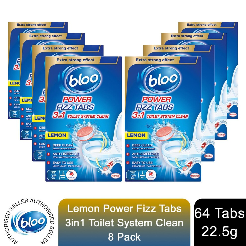 Eight packs of Bloo Power Toilet Fizz Tabs in blue and yellow packaging, featuring a lemon scent, with labels highlighting deep cleaning and odour removal benefits.