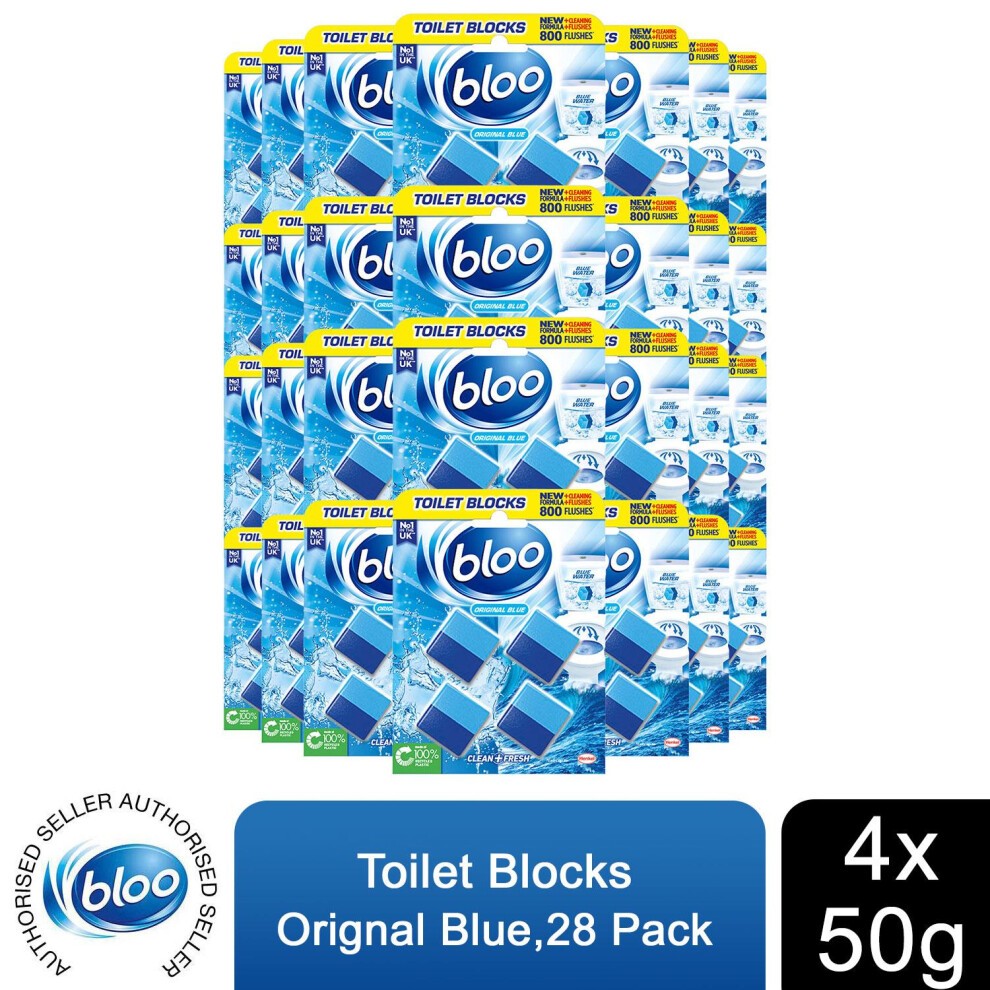Bloo Toilet Blocks Original Blue Clean+Fresh, 28-pack, featuring blue packaging with fresh fragrance, each block weighing 50g, designed for toilet hygiene and freshness.