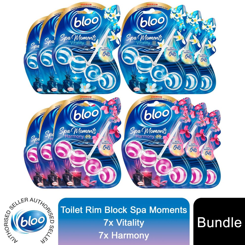 Six packs of Bloo Toilet Rim Block Spa Moments in vibrant blue packaging, featuring floral designs, labeled "Vitality" and "Harmony," with essential oils for freshness.