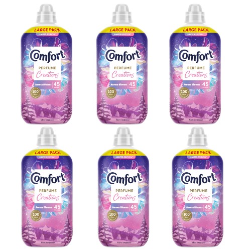 Six bottles of Comfort Fabric Conditioner in Aurora Blooms scent, featuring a vibrant purple design with floral graphics, each providing 45 washes and labeled as a large pack.