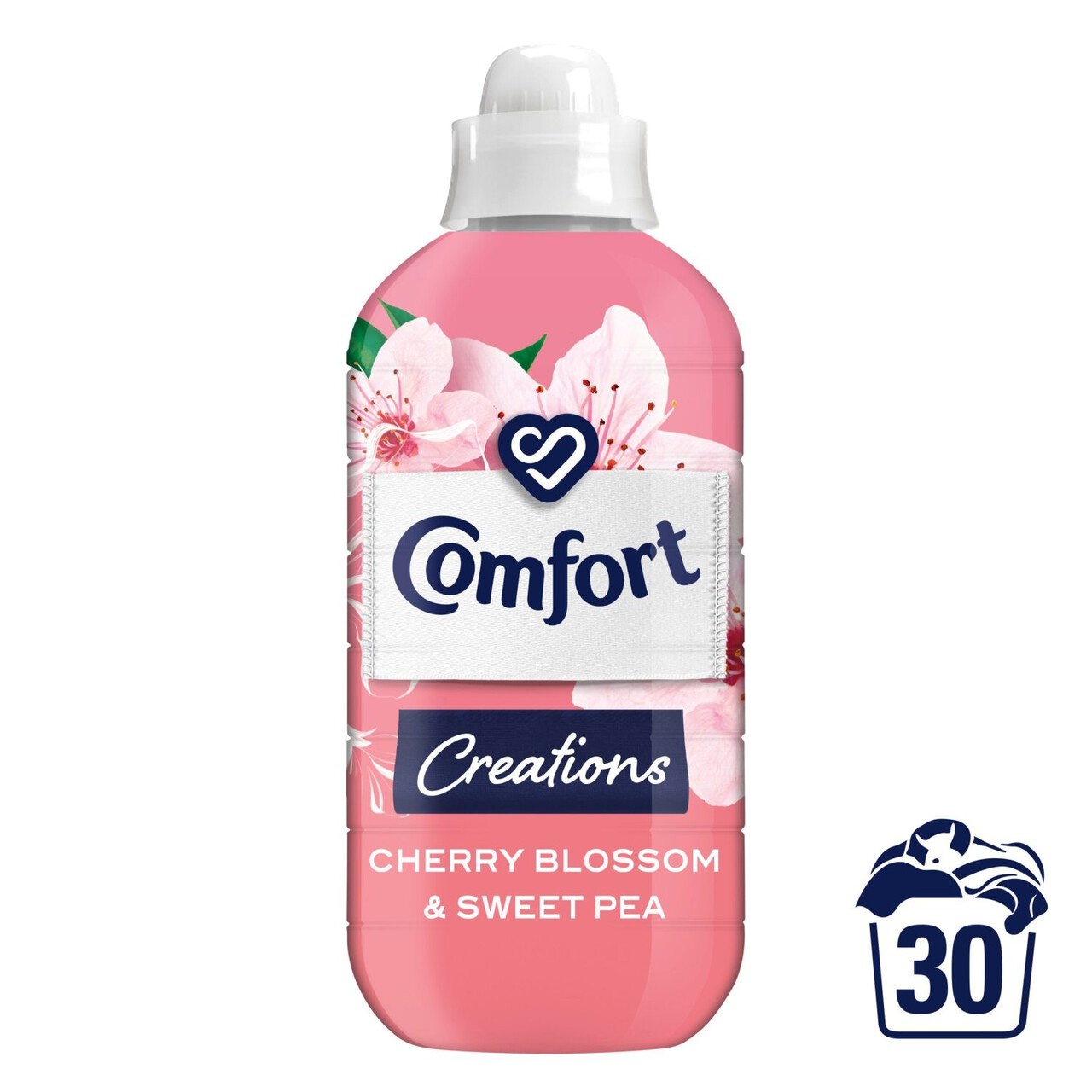 Pink bottle of Comfort Fabric Conditioner featuring cherry blossom and sweet pea floral designs, labeled for 30 washes, with a white cap and a prominent "Comfort" logo.