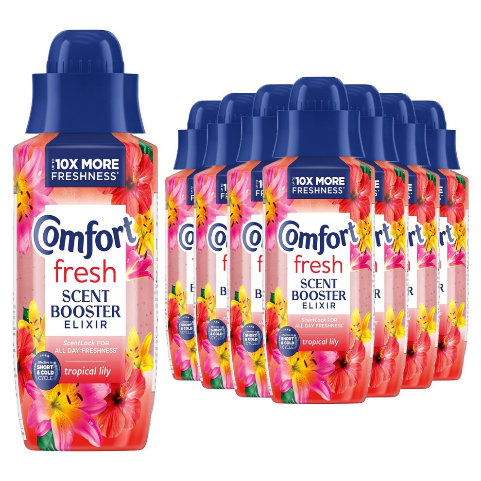Eight bottles of Comfort Fresh Tropical Lily Liquid Scent Booster Elixir, each with a vibrant floral design, blue caps, and a label highlighting "10X more freshness."