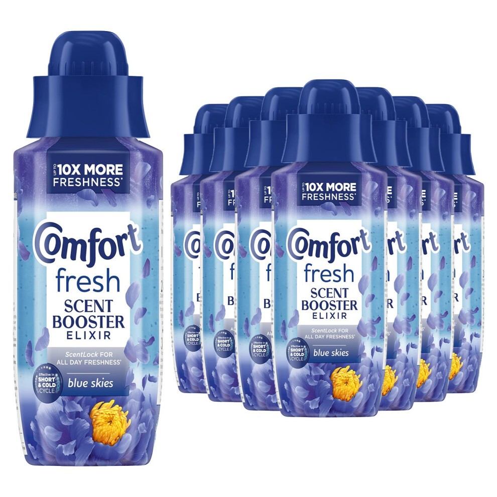 Eight bottles of Comfort Fresh Blue Skies Liquid Scent Booster Elixir, each 342ml, featuring a purple design with floral graphics and a blue cap, promoting all-day freshness.