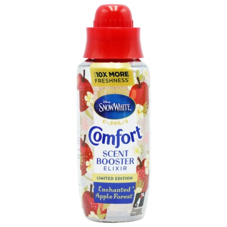 Clear plastic bottle with a red cap, featuring a colorful label adorned with apples and floral designs, labeled "Comfort Snow White Apple Forest Scent Booster – 342ml."